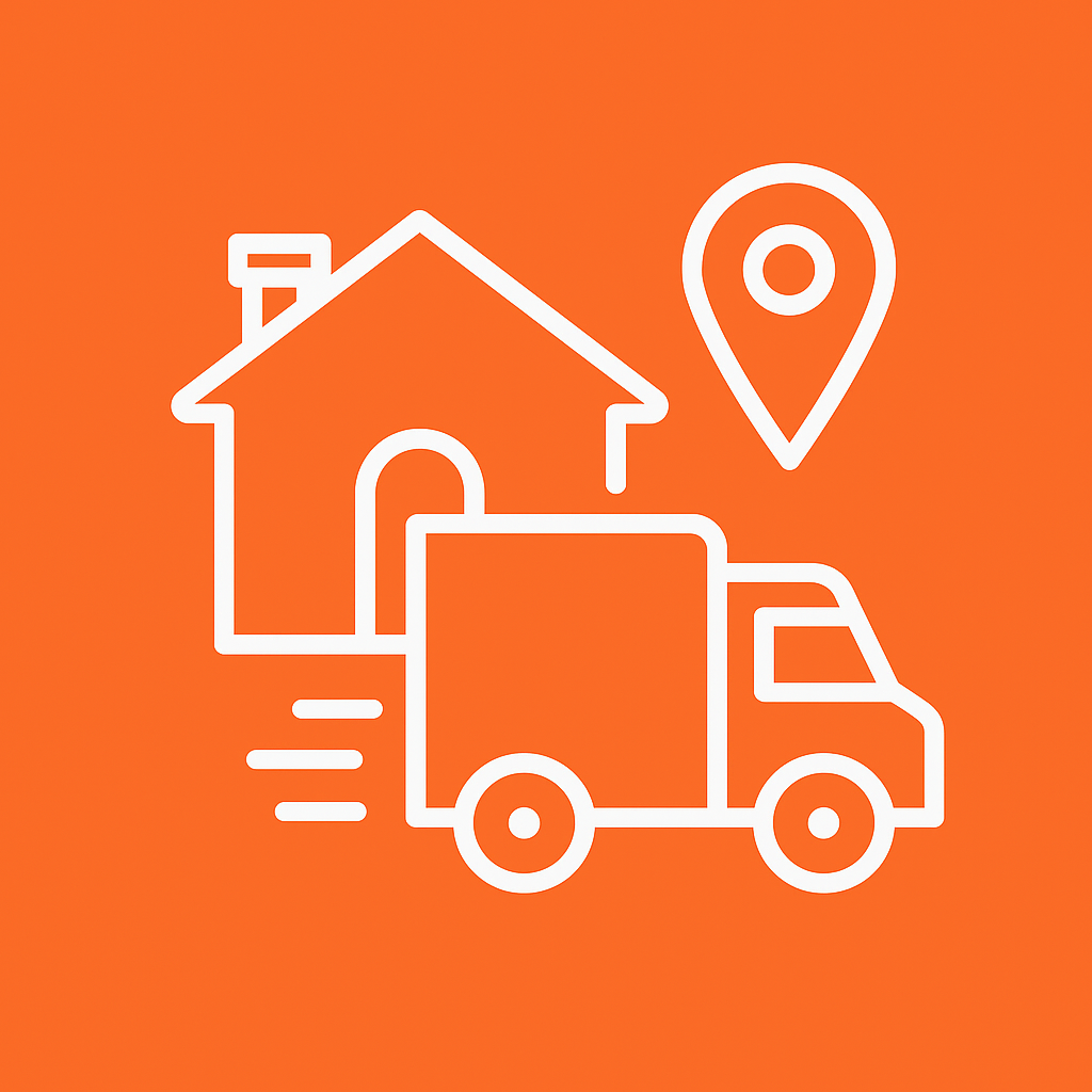 Icona camion per traslochi Verona davanti a una casa con puntatore di posizione