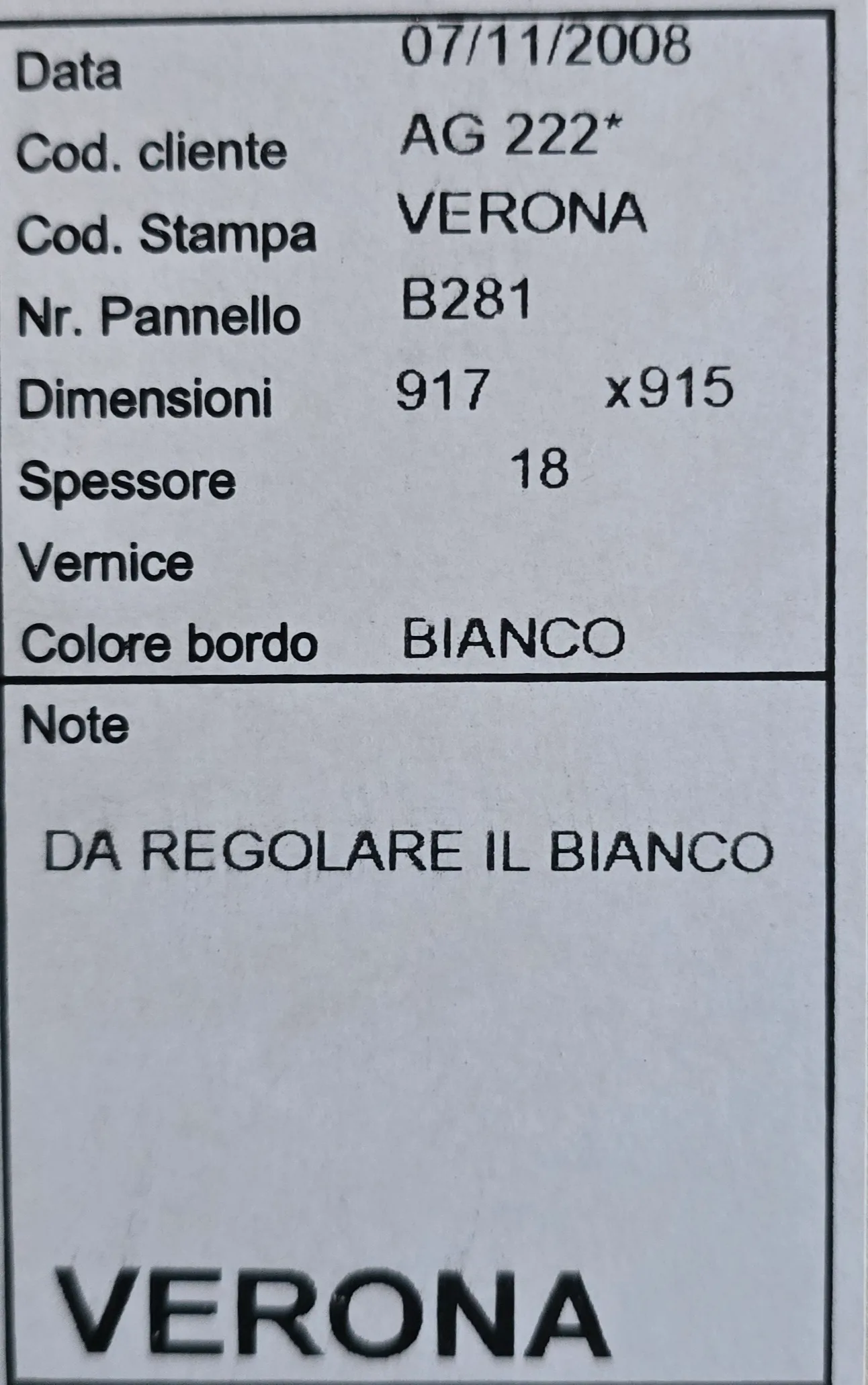 Etichetta informativa con dati tecnici della foto aerea di Verona