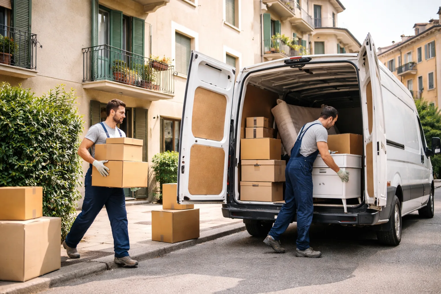Sgombero appartamento a Verona: operatori caricano scatoloni su furgone
